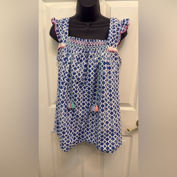 Matilda Jane Tops - Matilda Jane Babydoll Blouse Size M Blue Geometric Tassel Tie Boho Top